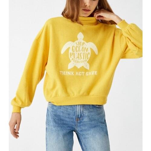 Basic Long Sleeve Sweatshirts cotton nonhooded printed new season womens hoodie yellow 2021 save the world
