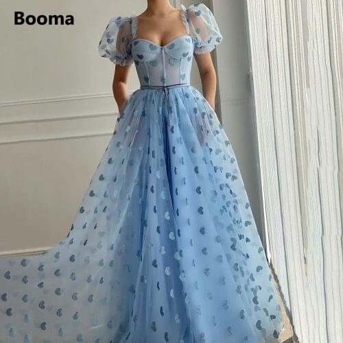 Booma Baby Blue Hearty Tulle Prom Dresses Short Puff Sleeves Sweetheart A-Line Prom Gowns with Pockets Sash Formal Party Dresses