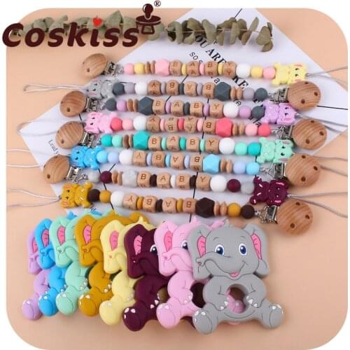 Coskiss Baby Silicone Pacifier Chain BPA-Free Personalized Name Handmade Pacifier Clips Baby Cartoon Elephant Teether Chain