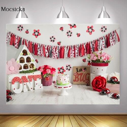 One Birthday Cake Smash Photography Backdrop Red Flowers Newborn Little Ladybug Portrait Photo Background Photophone Props