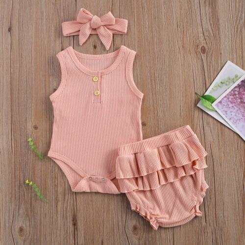 Pudcoco Newborn Baby Clothes Fresh Solid Color Sleeveless Knitted Cotton Romper Tops Ruffles Short Pants Headband 3Pcs Boy Girl