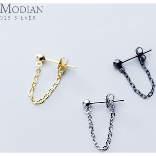 Modian Rock Punk Black Chain Stud Earrings Fashion 100% 925 Sterling Silver Bead Swing Jewelry For Women Party Classic Earring