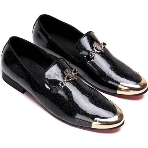 Men Event Shoes Metal Buckle Dress Shoes Black Patent Bright Leather Loafer Slippers Size 37-47