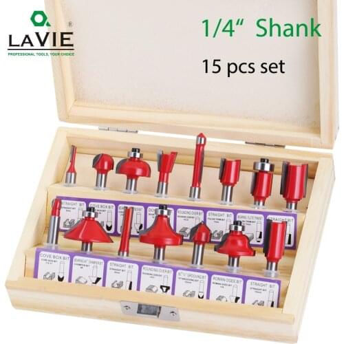 LAVIE 12pcs 15pcs 1/4" Router Bit Milling Cutter Wood Bits Straight Shank Carbide Cutting Tools Woodworking Dill Bits DIY 01015