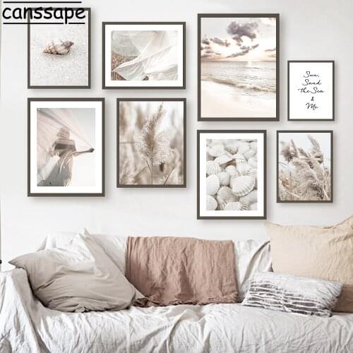 Beach Landscape Wall Art Posters Nordic Canvas Print Hay Reed Painting Shell Prints Modern Wall Pictures Aesthetic Room Decor