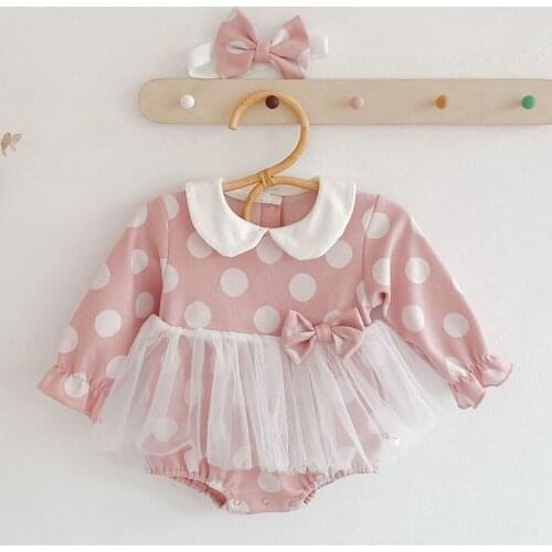 New 2020 Spring Autumn Infant Baby Girls Dot Bowknot Rompers Hair Band Clothing Kids Girl Long Sleeve Rompers Clothes