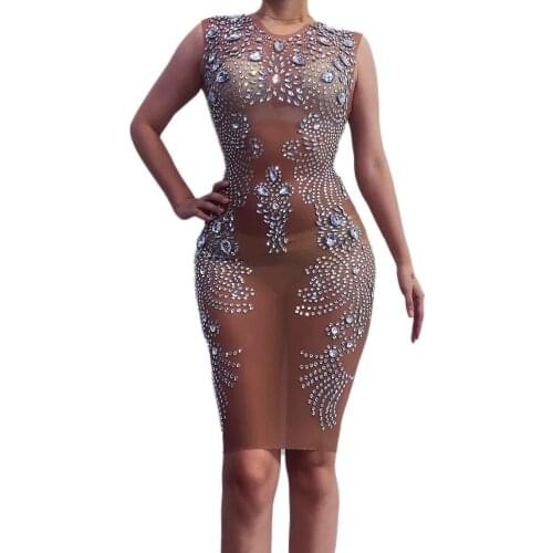 2020 Womens New Sexy Silver Stones Mesh Transparent Dress Rhinestones See Through Stretch Singer Dress Birthday Celebrate Dress