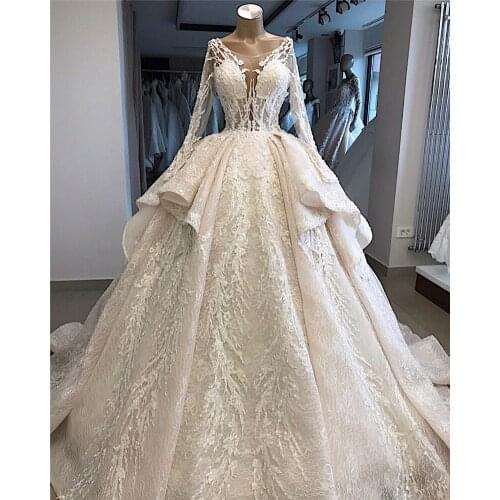 New Arrivals Luxury Beaded Lace Ball Gown Wedding Dresses Hot New Design Long Sleeve Tiered Wedding Gowns Vestido De Noiva
