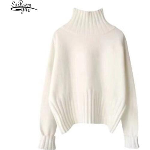 Autumn Winter 2020 Turtleneck Small Fresh Sweet Long Sleeve Blouse White Pullover Loose Languid Lazy Web Celebrity Sweater 12219