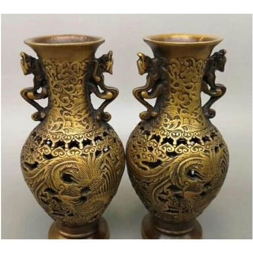 Marked China Bronze Fengshui Dragon Phoenix Loong Phenix Bottle Vase Pot Pair