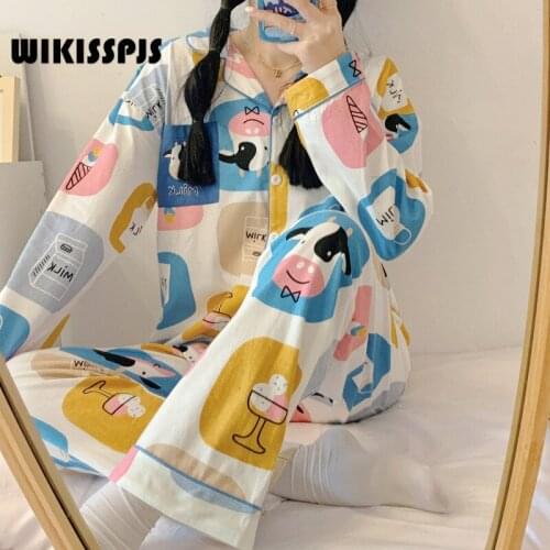 WIKISSPJS Spring Autumn Korean Long Sleeve Lovely Color Cow Pajamas Womens Loose Home Clothes Two Piece Suit sleep tops Pjs