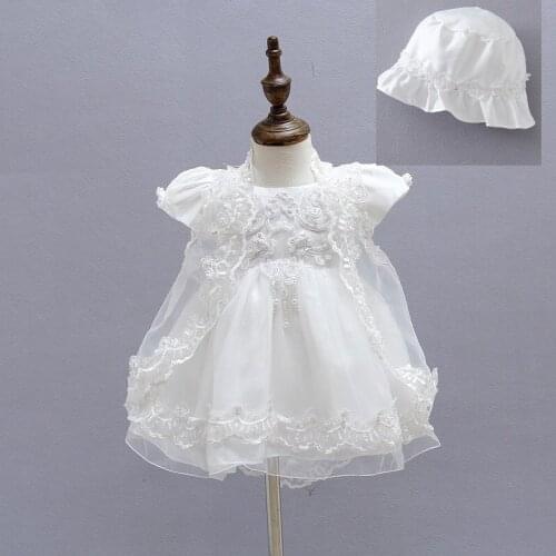 Baby Girls Christening Gown Dresses+Hat+Shawl Vestidos Infantis Princess Wedding Party Lace Dress for Newborn Baptism 3PCS/SET