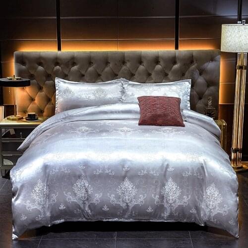 Luxury beddings jacquard soft satin silky bedding down cover pillowcase set with zipper seal, silver, medium size double bed