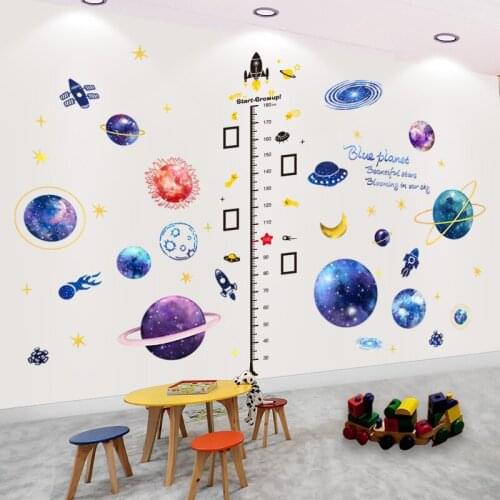 [shijuekongjian] Height Measure Wall Stickers DIY Cartoon Planets Spacecraft Wall Decals for Kids Rooms Baby Bedroom Decoration