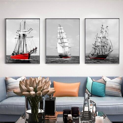 Sailboat Nautical Landscape Canvas Modern Poster White Sailboat Personality Nautical Frameless Art Painting Wall Home Decor