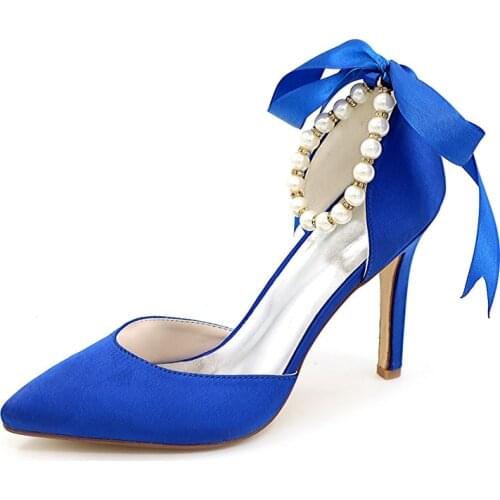 High Heels Satin Wedding Shoes Women Pointed Toe Ankle Strap Heeled Pearls Prom Evening Bridal Party Dress Pumps