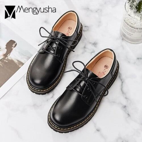 British Artificial Leather Flats Shoes Woman Lace-Up Bullock Casual Derby Shoes Rivets Sewing Loafers Women Round Toe Creepers