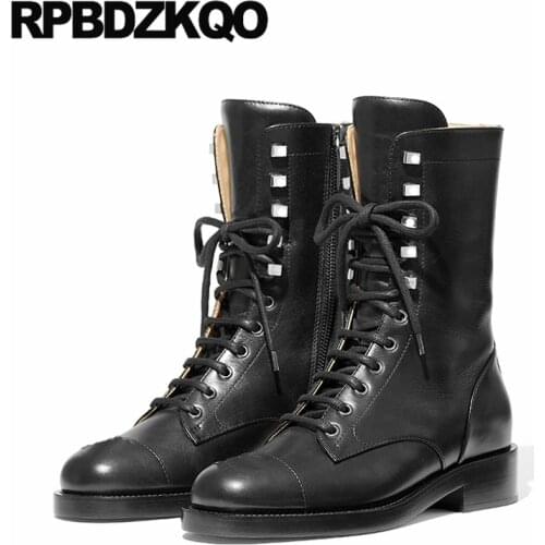 Military Autumn Combat Shoes Metal Side Zip Boots Round Toe Celebrity Women 2021 High Quality Lace Up Fall Mid Calf Flat Black