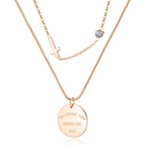Rose gold Double layer round pendant necklace women fashion stainless steel cross Zircon jewelry accessories regalos para mujer