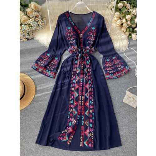 Summer Womens Dress Heavy Industry Embroidery V-neck Drawstring Trumpet Sleeves Ethnic Style Thin Waist Long Dresses LL040