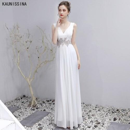KAUNISSINA Evening Dresses Long V-Neck Sleeveless A-Line Appliques White Dress Elegant Women Party Gown Sexy Formal Vestidos