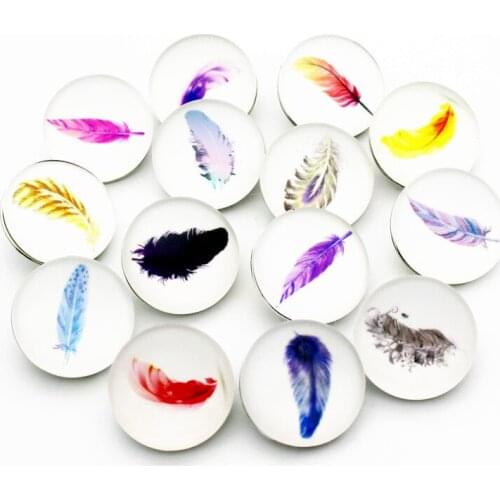 New Arrival 10pcs/lot Feather Snap Buttons Charms 18mm Print Glass Buttons Fit DIY Snap Bracelets&Bangle Woman Jewelry
