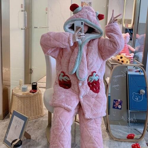 Flannel Three Layers Cotton Pajamas Set Women Winter Velvet Hooded Cute Thick Warm Home Clothes Long Sleeve Daily Leisure Suit