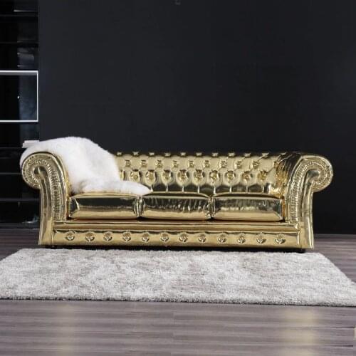 Hotel VIP Room New Style Flash Gold Indoor Chesterfield Sofa Living Room Sofa Set Luxury Wooden Leather Antique Sofa