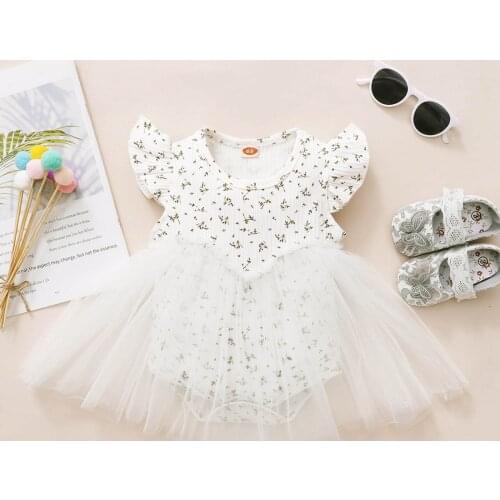 Summer Newborn Clothes Baby Girl Romper Jacquard Mesh Ruffle Fly Sleeve Floral Rompers Tulle Princess Dress White Outfit 0-3Y