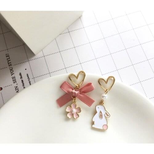 Japanese And Korean Cartoon Cute Daily Wear Beautiful Earrings Pink Bow Asymmetrical Rabbit Dating Party Ear Jewelry Female