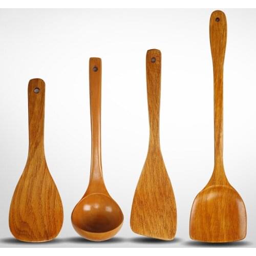 Set of 4 Natural Wood Kitehen Cooking Tools Soup Spoon Spatula Utensils Accessories Cook Kitchenware Cutlery Gadget Tools