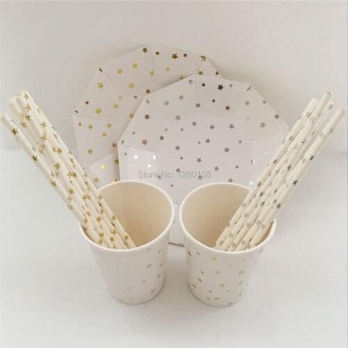 Tableware set Silver & gold Star Paper Hexagon Plates Ice Cream Party Paper Cups Straws for Decorations