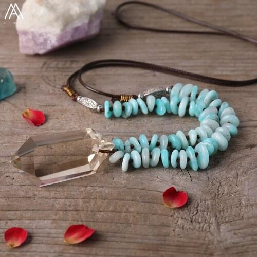 Natural Smoky Citrines Quartz Double Point Pendant Amazonite Chip Beads Leather Knotted Handmade Necklace Fashion Women Jewelry