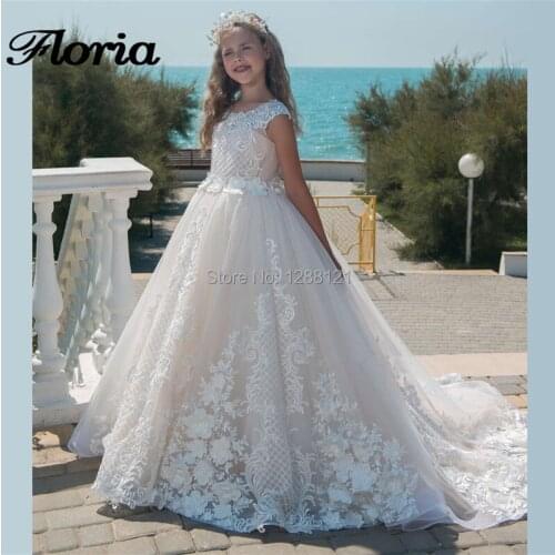 New Lace Appliques Flower Girl Dresses For Party Kids Pageant Gowns Vestido de deminha Ball Gown First Communion Dress For Girls