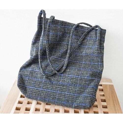 Simple Lady Blue Check Retro Shoulder Bag Handbag Bag Large Capacity Shopping Designer Tote School Bag