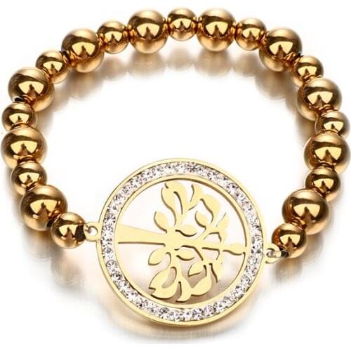 Adjustable Round Beads Bracelets Jewelry Gold Color Tree of Life Design with high polished charm Rhinestone beads paved