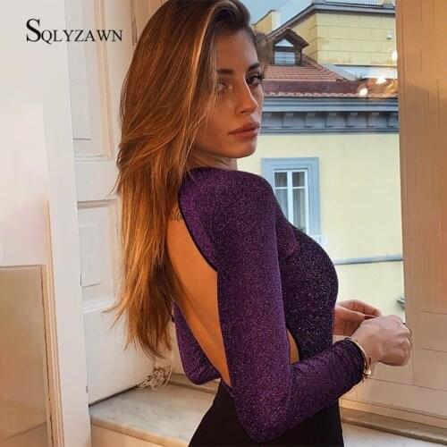 Sexy Purple Glitter Backless Bodycon Bodysuit Female Vintage Lace Up Long Sleeve Romper Fall Elegant Party Night Club Overalls