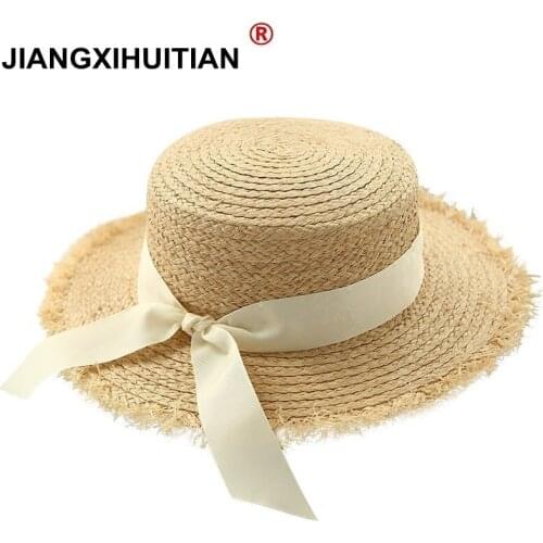 New simple Women Summer Beach Raffia Black White Ribbon Hat Bow Raffia Hat Temperament Flat Straw Hats Womens Sea Beach Hat