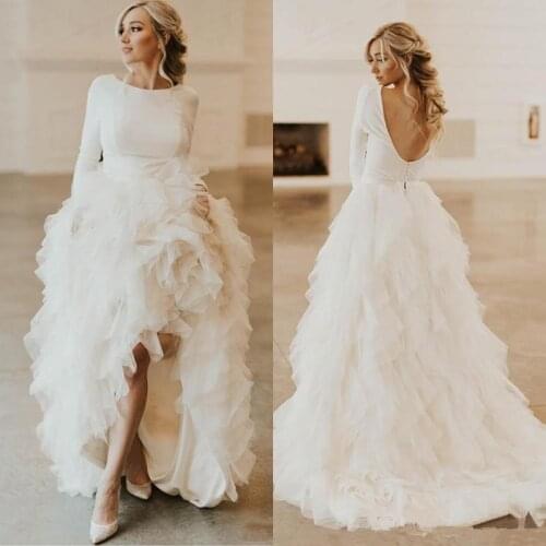 Modest High Low Wedding Dresses 2020 robe de mariee Long Sleeve Wedding Gowns Ruffle Organza Open Back Bridal Dress