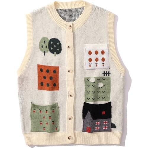 LACIBLE Streetwear Harajuku Knitted Waistcoat Pocket House Cardigan Sweaters Vest Fashion Casual Sleeveless Crop Knitwear Tank