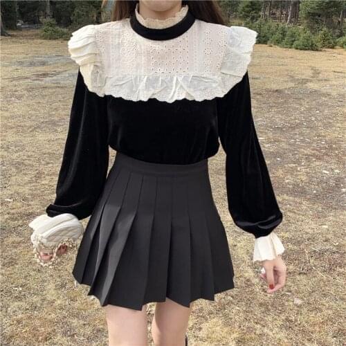 Japanese Cute Kawaii Lolita Girl Patchwork Goth Blouse Women Elegant Sweet Renaissance Vintage Offiec Lady Black Lolita Lace Top