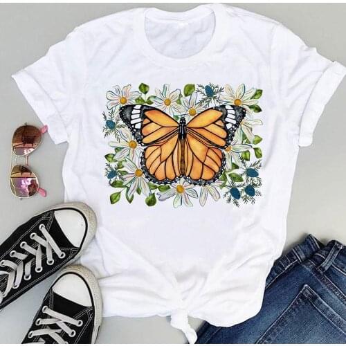 Women Cartoon Floral Butterfly Trend Cute Short Sleeve Graphic Summer Fashion Print Female Clothes Tops Tees Tshirt T-Shirt