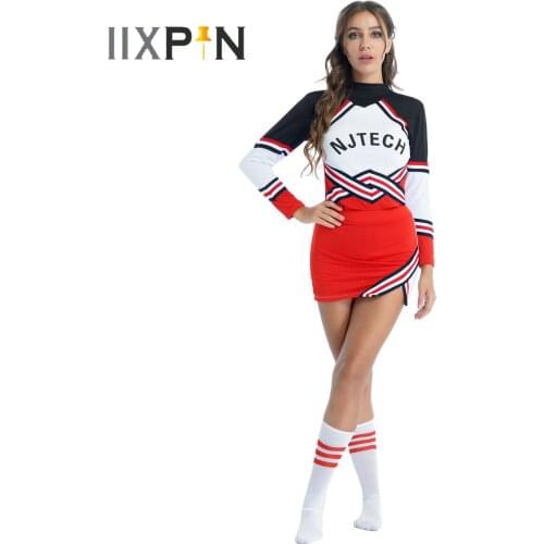 Womens Schoolgirl Cheerleader Cosplay Outfits O Neck Long Sleeve Striped T-shirt Tops With Mini Skirt Bowknot Headwear Stocking