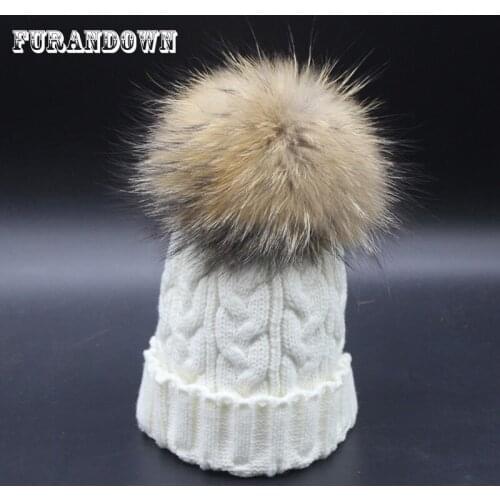 2019 Womens Hat Skullies Beanies Winter Hats For Women 18cm Big Real Fur Pompom Hat Female Twist Knitted caps