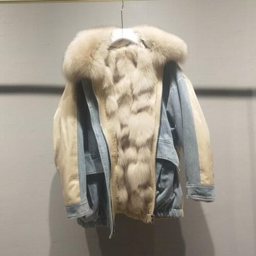 Thick Women Warm Coat Winter Parka Real Fur Denim Jacket Chrysanthemum Pattern Fox Fur Inner Plus Size Female Outerwear