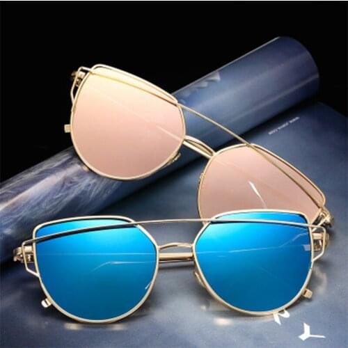 2020 Cat Eye Vintage Brand Designer Rose Gold Mirror Sunglasses For Women Metal Reflective flat lens Sun Glasses Female oculos