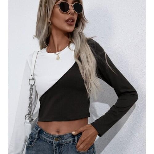 Ladies Hollow Long Sleeve Top Adult Slim Color Block Round Neck Pullover Fall 2021 New Casual Personality High Street Sexy