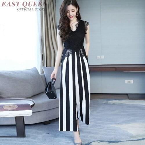 Striped Jumpsuit 2019 Summer Wide Leg Overalls Playsuits Chiffon Lace High Waist Korean Elegant Jumpsuits For Women 2019 AA4853