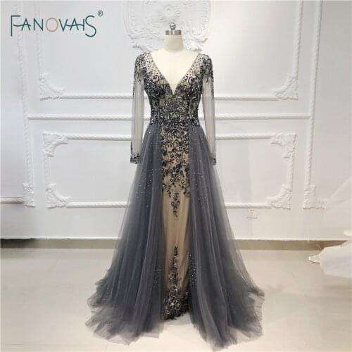 Luxury Evening Dresses Long Sleeves V Neck Crystal Beaded Prom Dress 2018 Formal Party Gown Robe de Soiree 2019 QS13