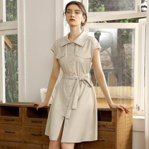 2021 Summer New Korean Women Short Sleeve High Waist Slim Single Breasted Pocket Design A-line Vintage Dress